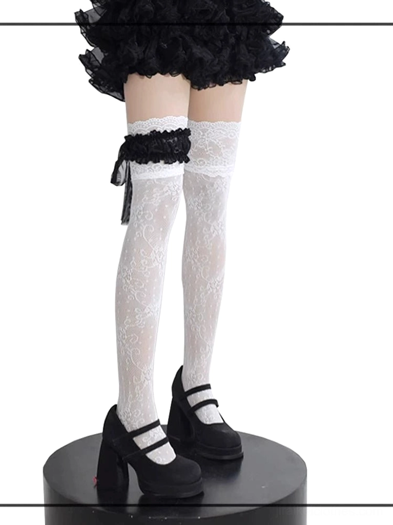 White floral lace over-the-knee stockings with black bow garter and ruffled top cuff, Jirai Kei aesthetic full leg front view