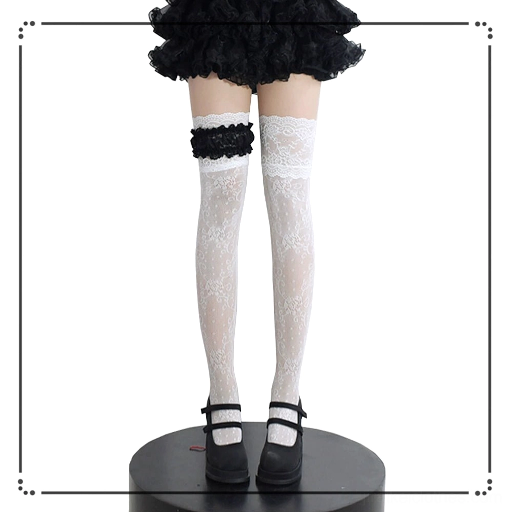 White floral lace over-the-knee Jirai Kei stockings with black bow garter, complete full leg styling front view alternative angle