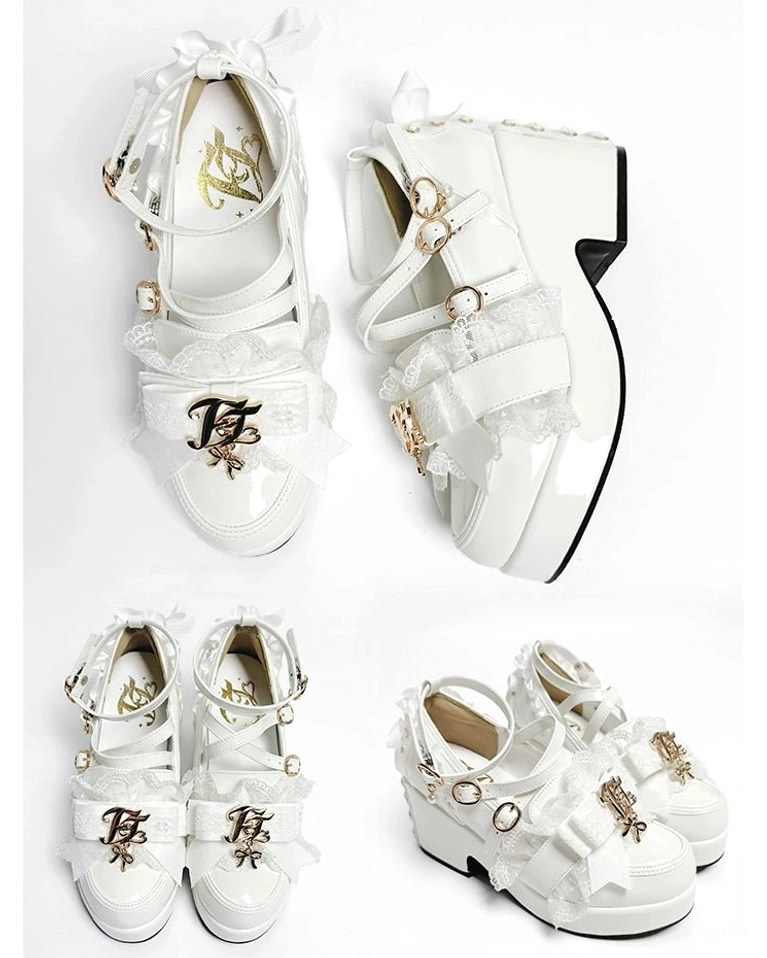 White patent leather Jirai Kei mid-heel platform shoe front and side angle display highlighting smooth patent leather finish lace bow ornaments size 35-41 options