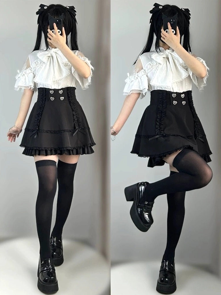 White open-shoulder jirai kei blouse dynamic full-body shot with short flutter sleeves black mini skirt and thigh-high socks styling