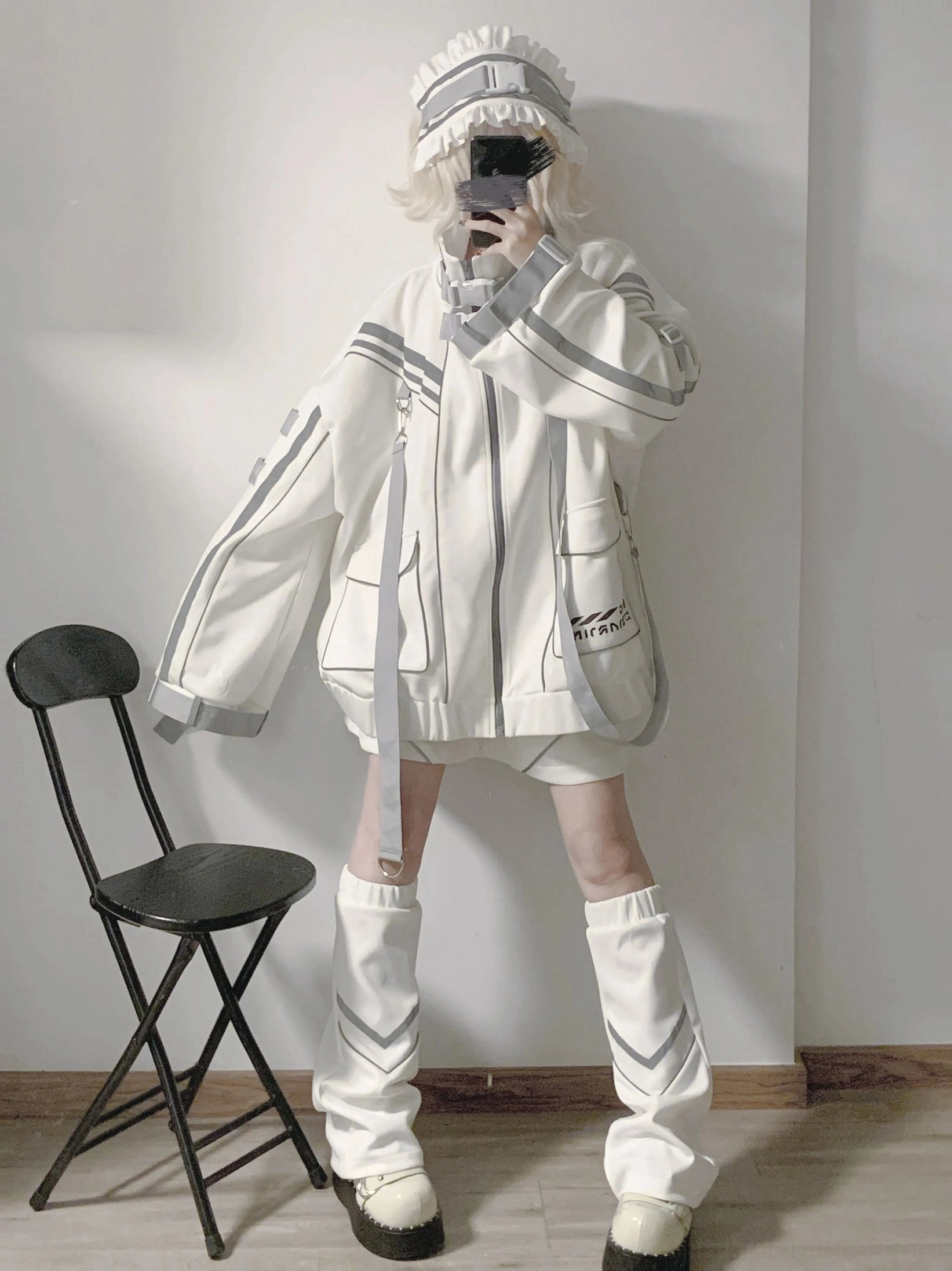 White oversized Jirai Kei punk techwear jacket set with reflective stripes full-body mirror view white leg warmers maid headband