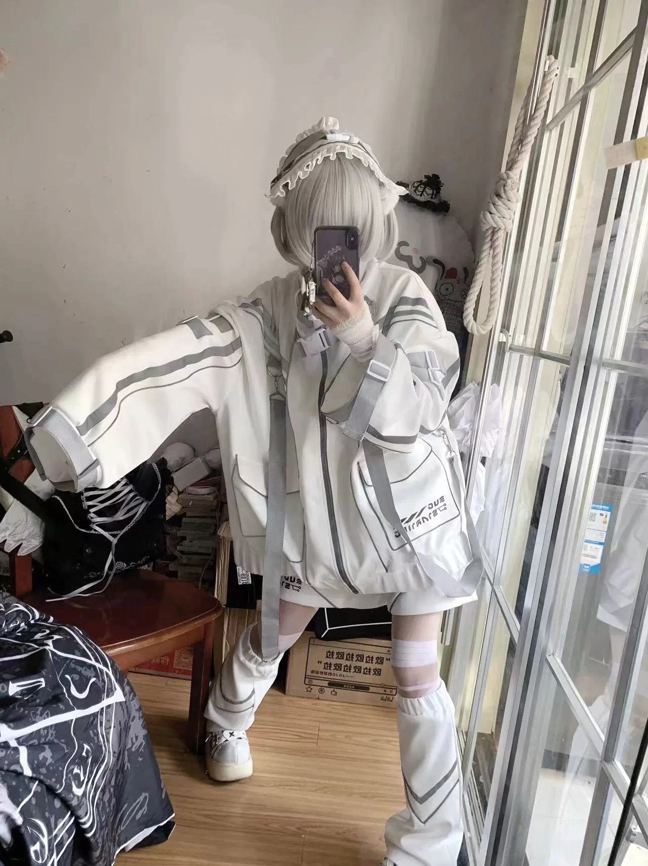 White Jirai Kei oversized punk techwear jacket side mirror view showing extended sleeves reflective strips leg warmers