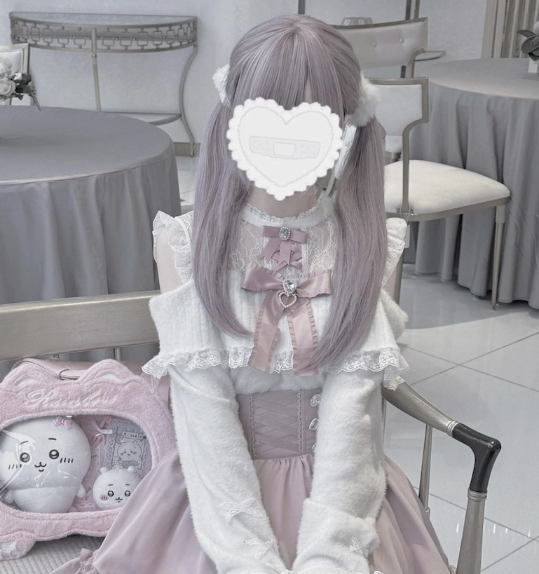 White-pink Jirai Kei off-shoulder lace patchwork sweater sweet aesthetic styling candy color palette front-facing view detail