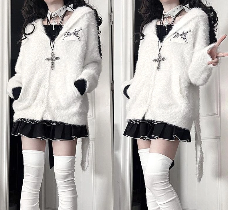 dual front three-quarter views white jirai kei bunny ear coat gothic punk styling layers