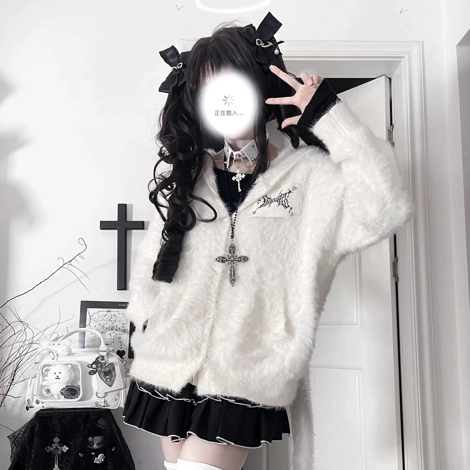 white faux mink bunny ear hood coat jirai kei full-body outfit with cross necklace thigh highs