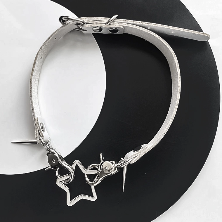 White PU leather punk choker necklace with silver star pendant and spike metal accents white polyurethane strap