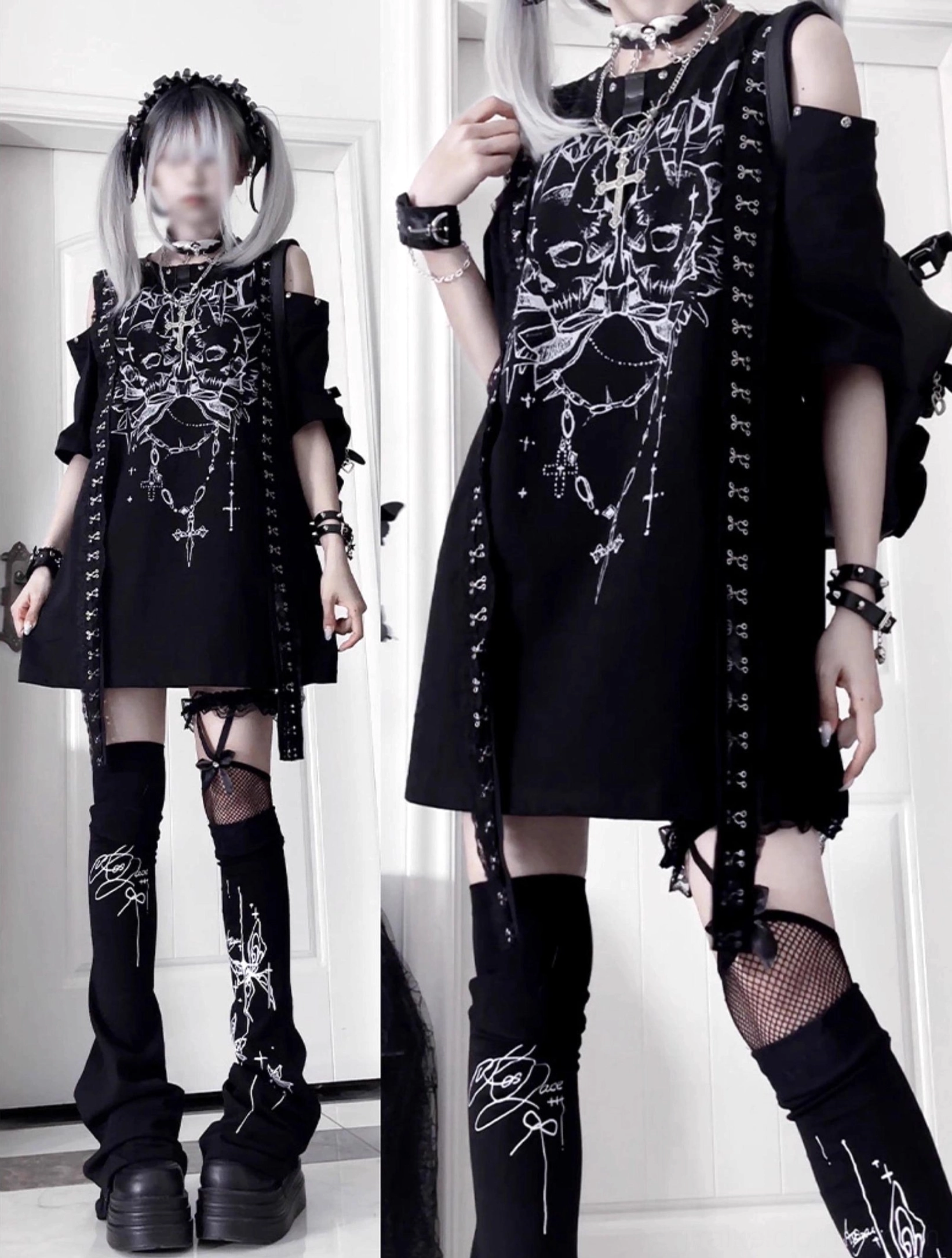 White and red jirai kei cold-shoulder gothic skull t-shirt close-up print quality and strap detail