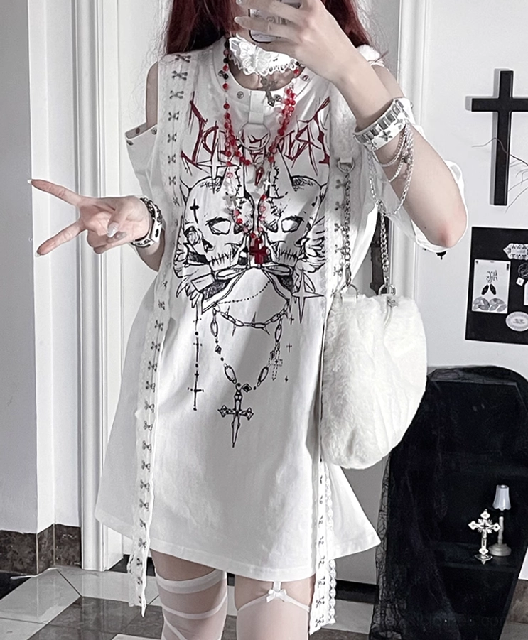 White base red gothic skull cross print cold-shoulder jirai kei t-shirt adjustable side strap detail