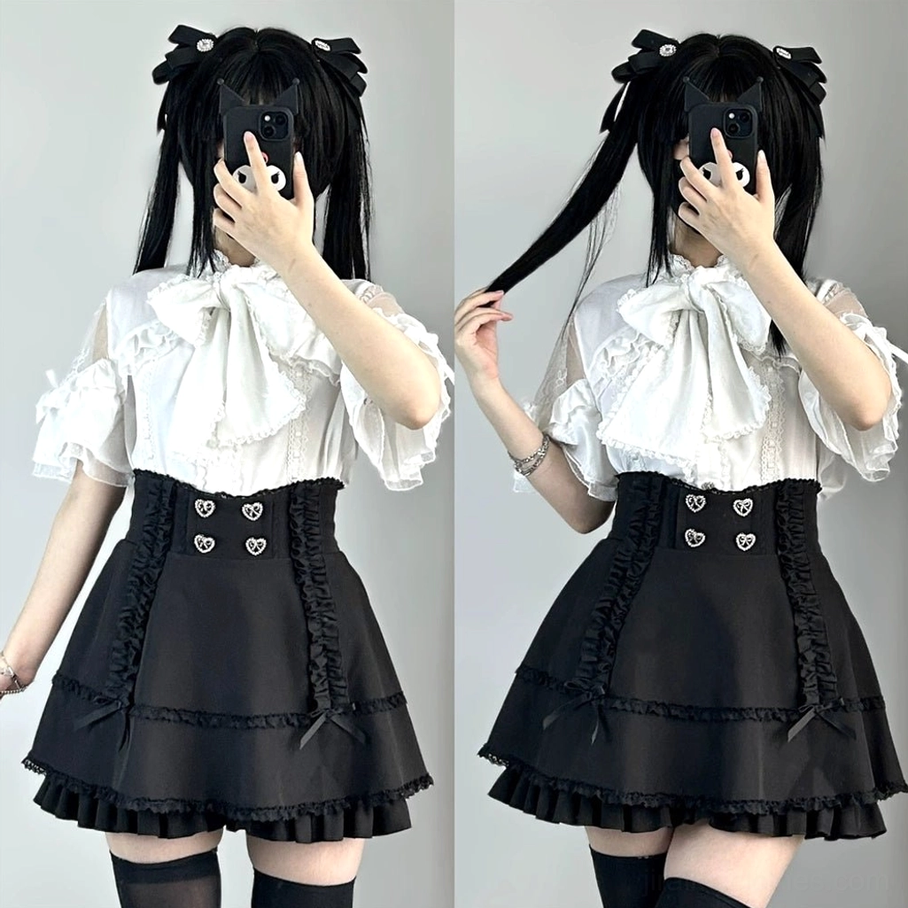 White ruffled jirai kei blouse set front full-body view with bow neck collar and black ruffled mini skirt combination