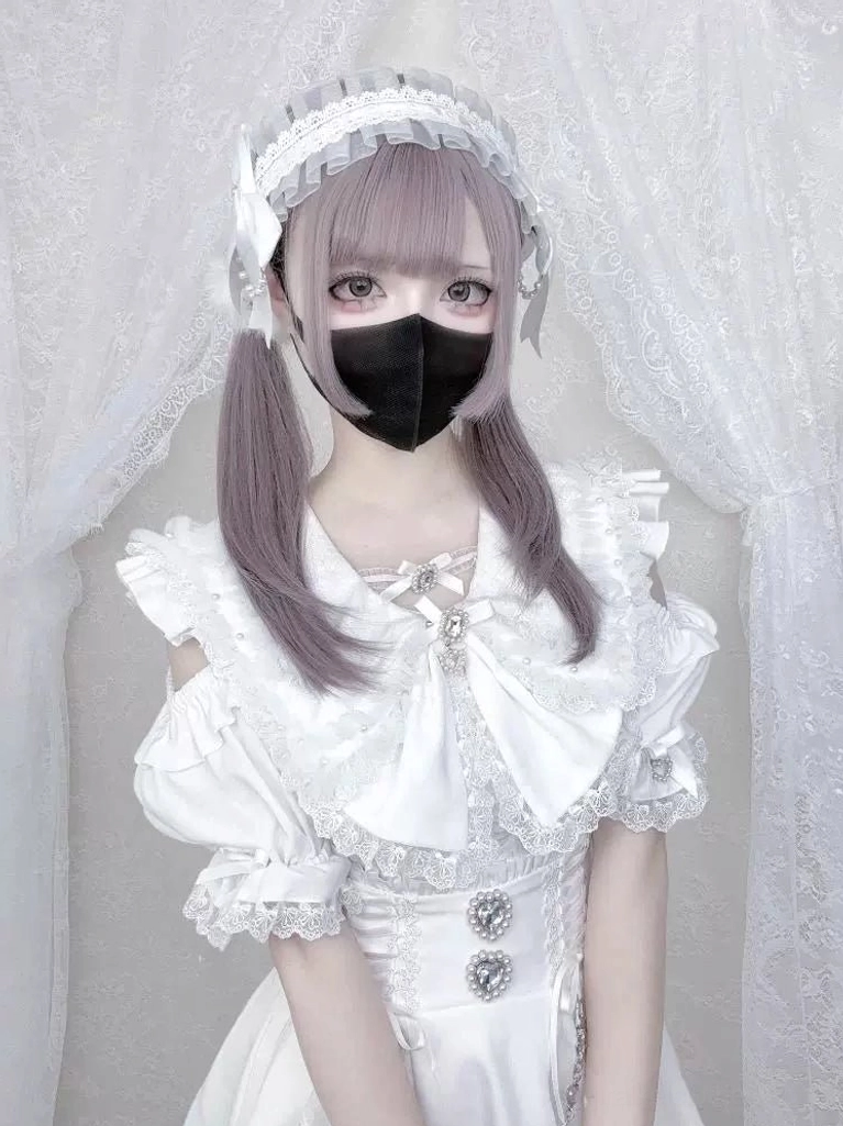 White Jirai Kei blouse with square ruffled neckline and crystal button details
