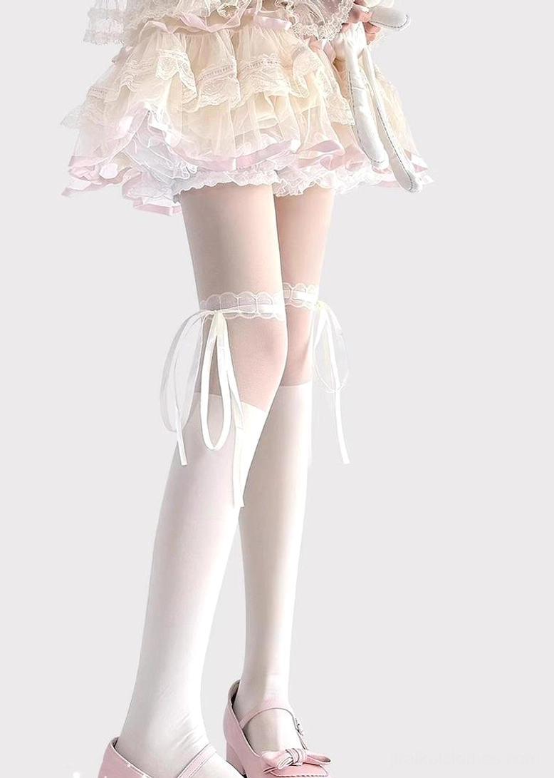 White silk thigh-high lace socks left side view symmetrical lace trim bow details Jirai Kei aesthetic