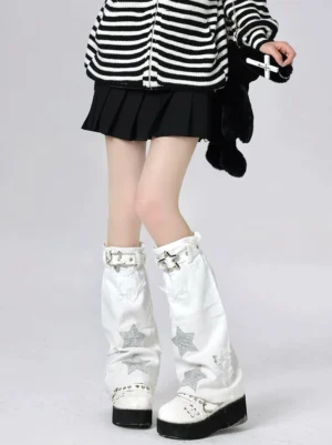 Three-quarter angle view of white star-printed Jirai Kei leg warmers with platform loafers and cross bag accessory alternative fashion