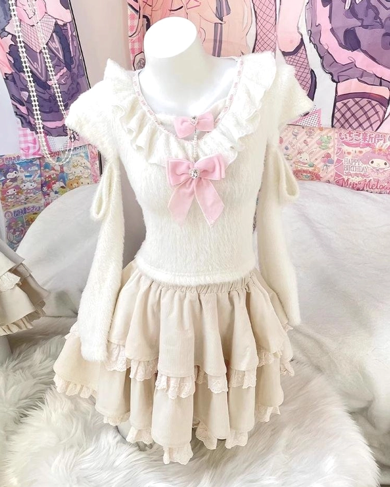 Jirai Kei white sweater and tiered ruffle skirt complete set all variations S M L sizes showing full ensemble options and color presentation