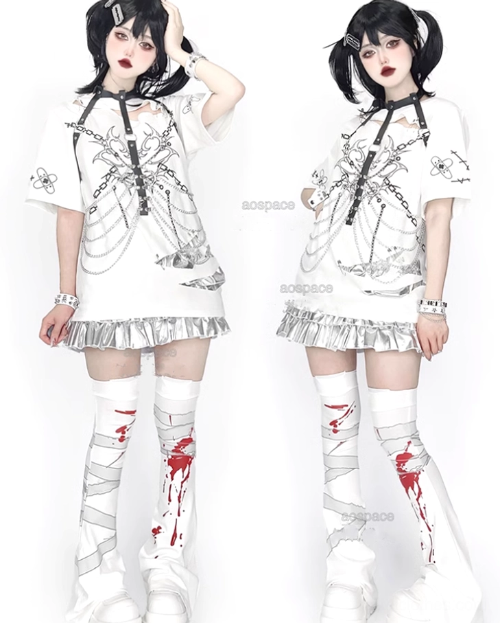 Two goth female models wearing white jirai kei punk t-shirts with harness chain print and ruffled skirt accents in mirror selfie