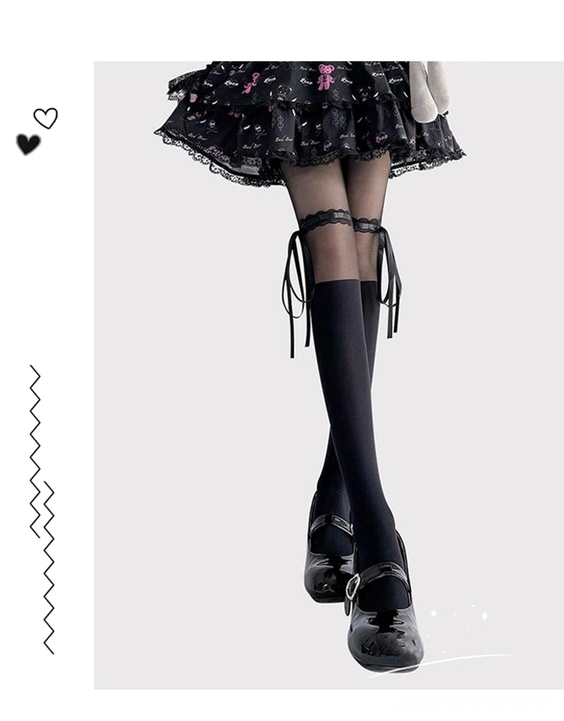White thigh-high socks direct front full view matching lace bands smooth silk-like fabric Jirai Kei