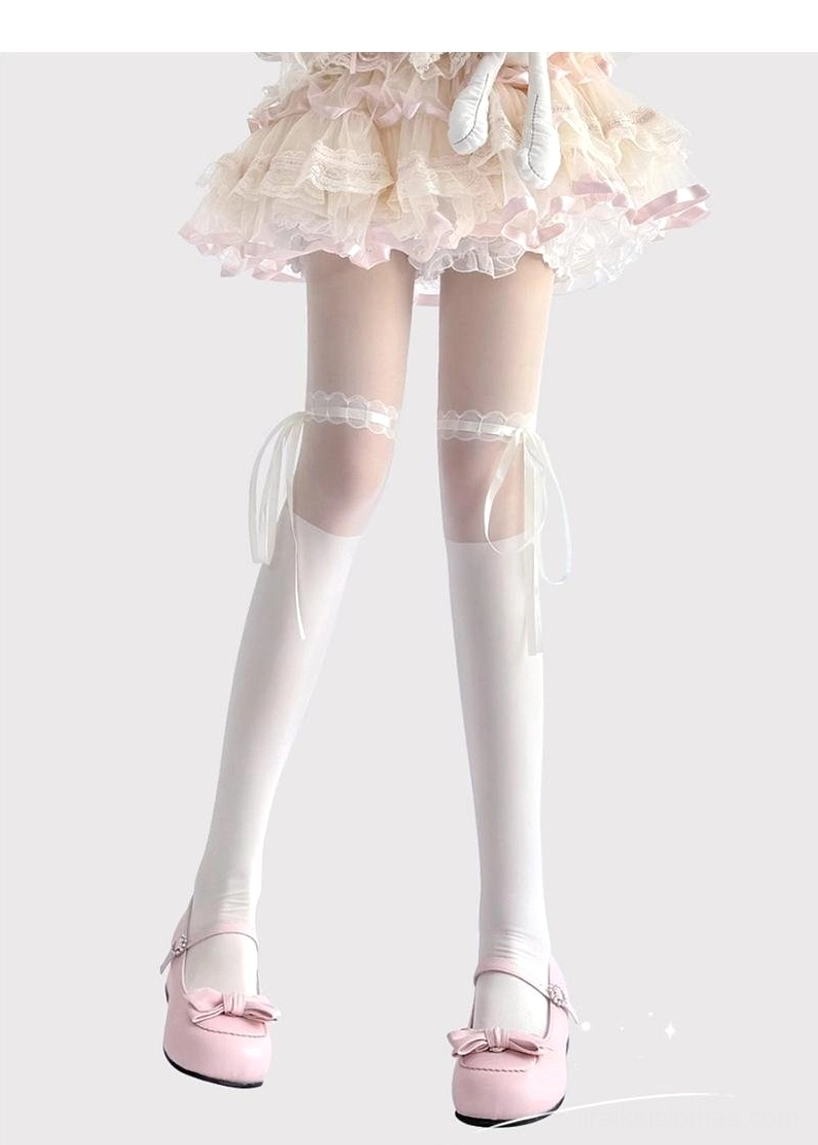 White lolita thigh-high stockings left side low angle lace trim ribbon bows white silk texture