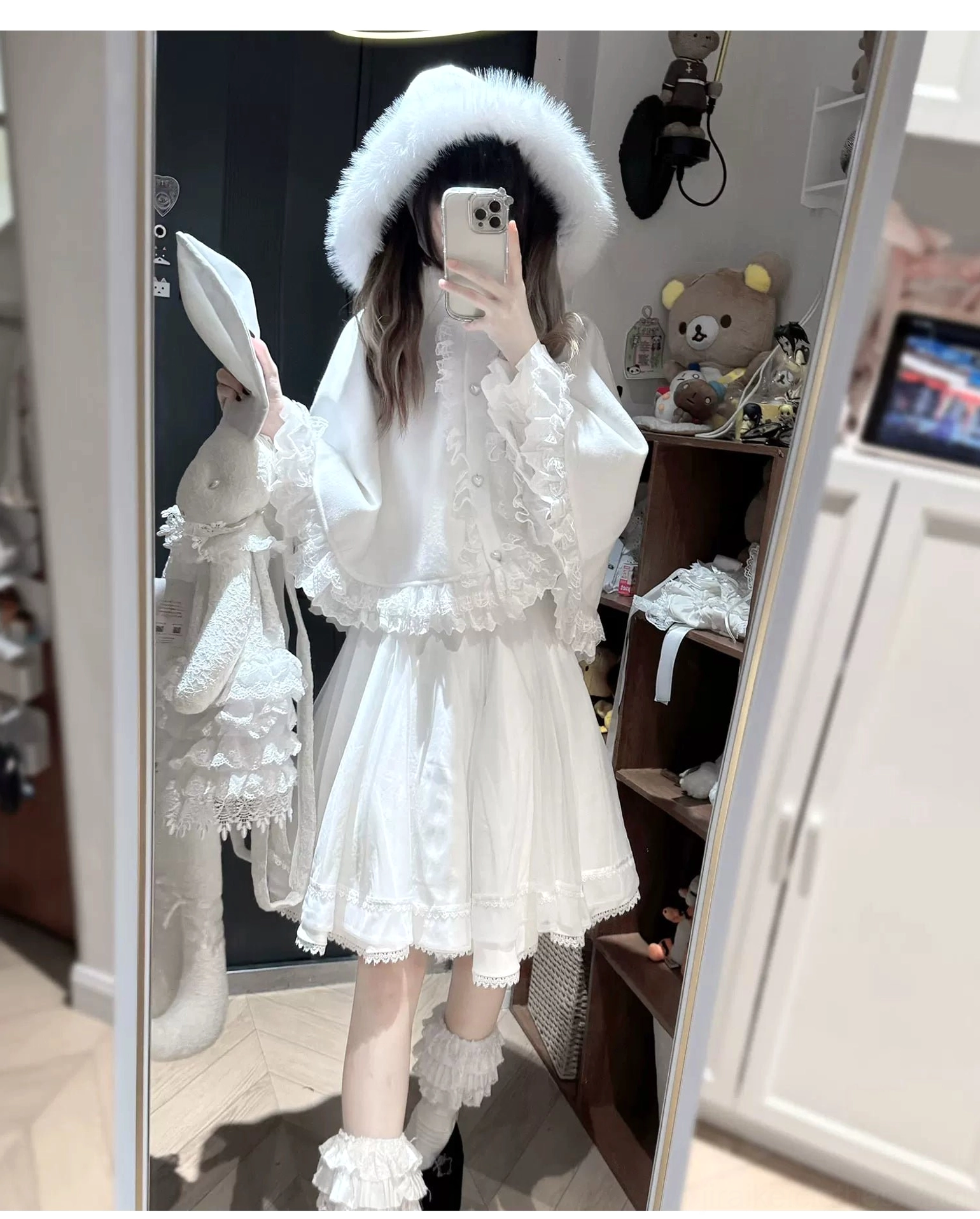 White Jirai Kei winter cape and high-waist skirt set with lace blouse, fuzzy fur hood, front mirror selfie styling