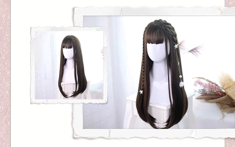 Split-frame comparison display showing left black straight Jirai Kei wig versus right brown braided style on decorative photo background illustrating color variation options