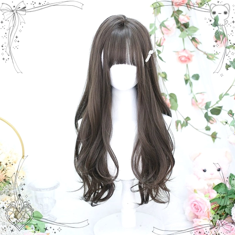 Long curly dark brown Jirai Kei wig with small decorative hair clip and straight bangs on floral vine and plush toy backdrop