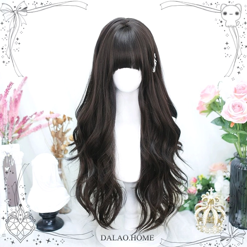 Long curly dark brown Jirai Kei wig with side hair clip and straight bangs worn with crown props on floral background