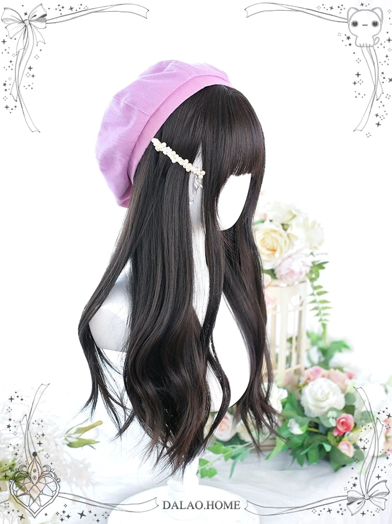 Side view of long dark brown curly Jirai Kei wig with pink beret and pearl hair clip featuring straight bangs