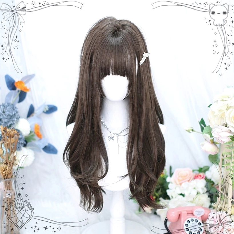 Long curly dark brown Jirai Kei wig with tiny decorative hair clip and straight bangs styled with retro telephone props