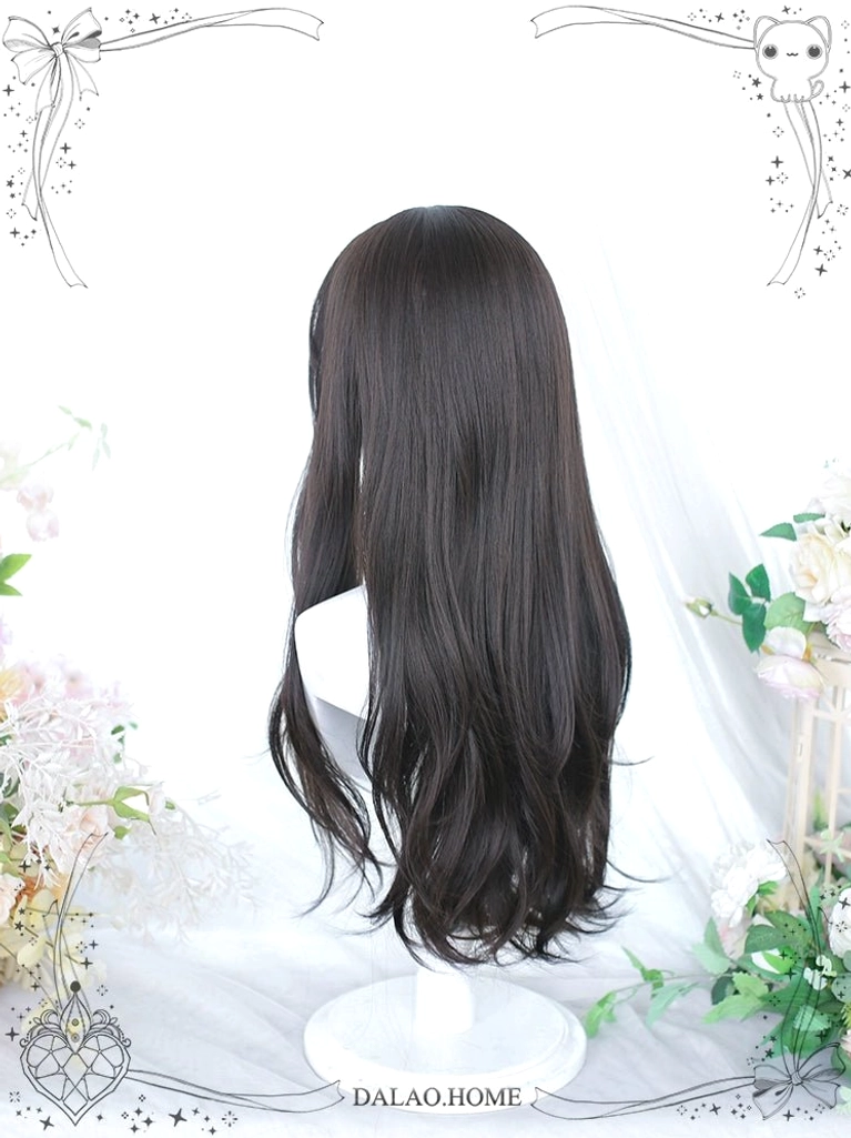 Back view of long straight dark brown Lolita wig showcasing smooth hair texture and neat bangs against green plant backdrop