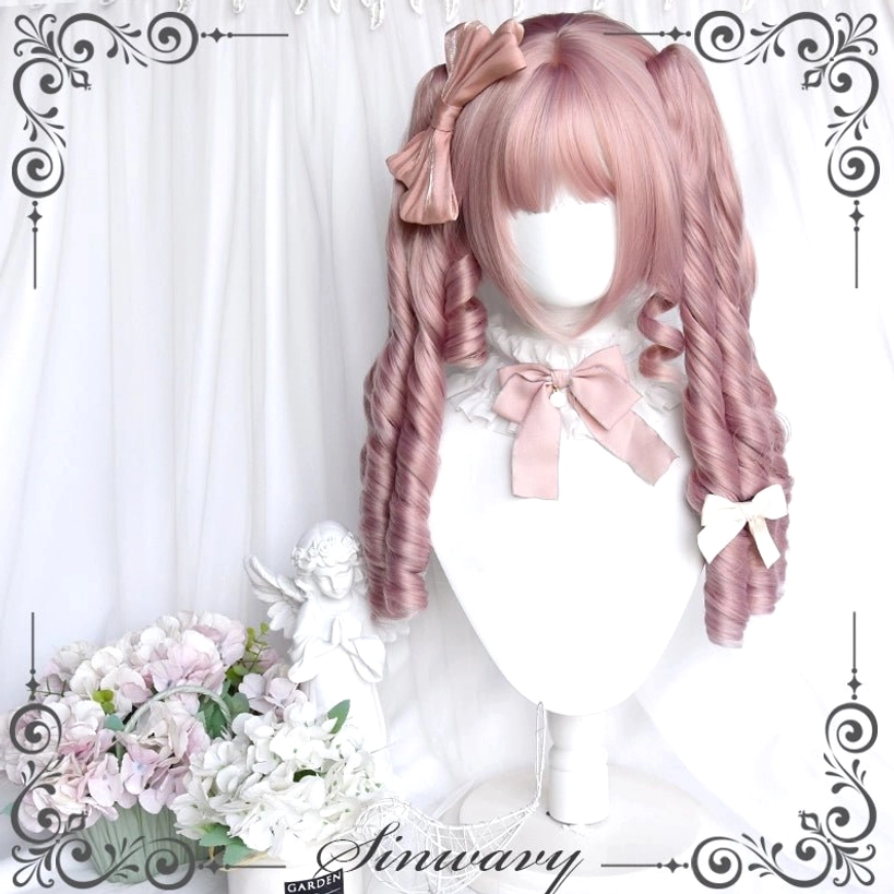 Complete double ponytail Jirai Kei wig set on mannequin with brown left side bow and small white ponytail bow, tight ringlet curls detail against floral decorated background