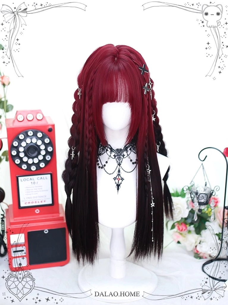 Side braided red and black gradient Jirai Kei wig with bangs, long straight braided design on mannequin with retro decorative elements, featuring silver hair ornaments