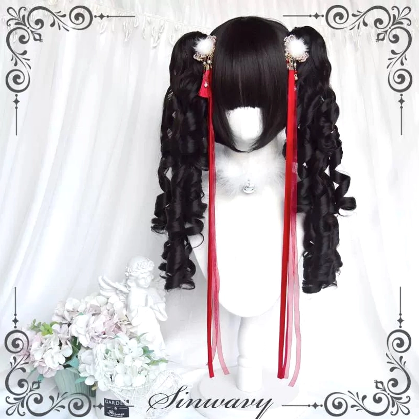 Roman curly black double ponytail wig styling guide and accessory pairing recommendations for Jirai Kei outfits