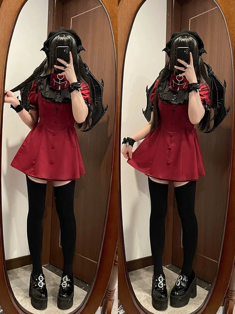 Wine red Jirai Kei dress shorts set with cross brooch and ruffled collar paired with platform shoes and devil hair accessories