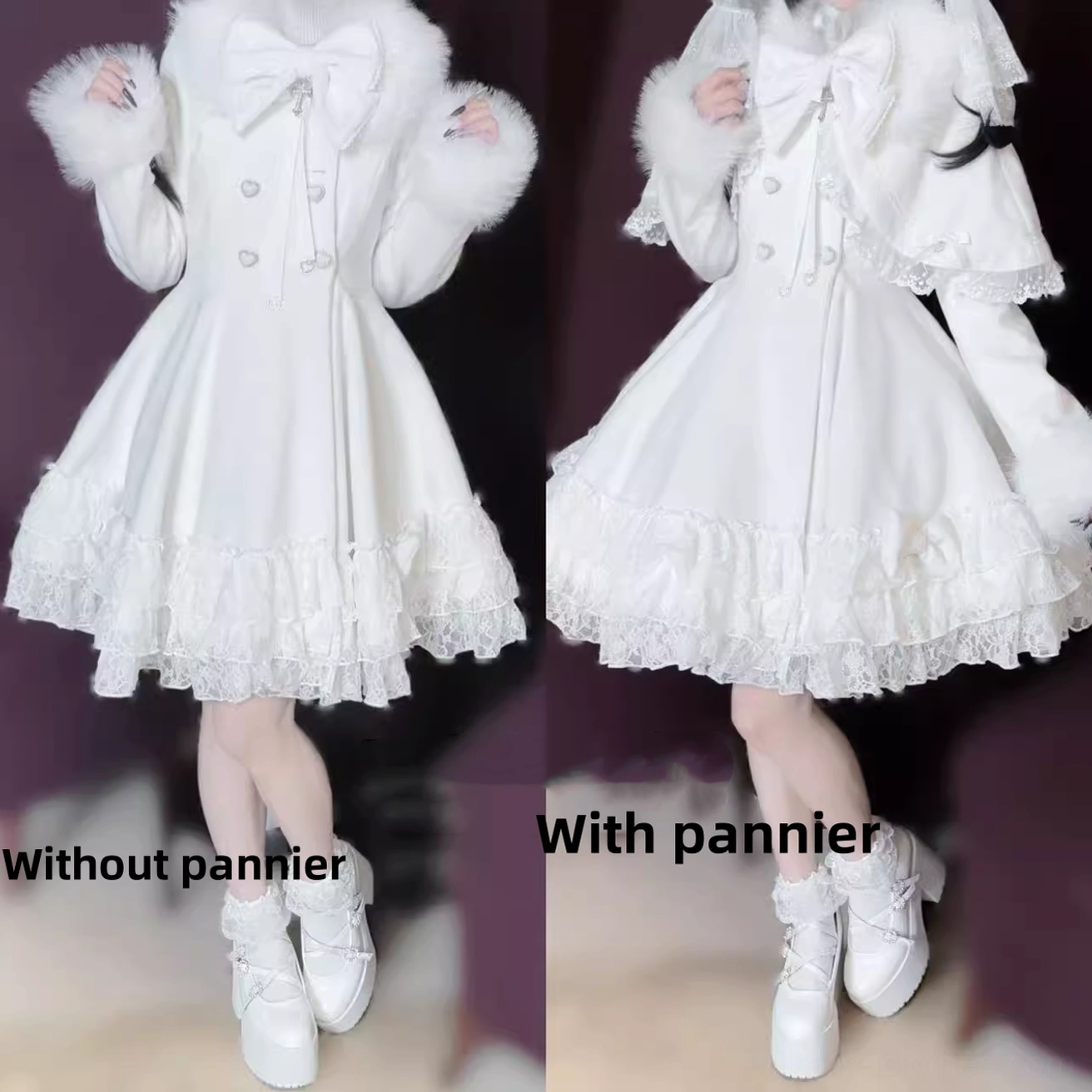 Jirai Kei winter coat styling possibilities showing coat worn with accessories and demonstrating versatility of cape attachment and removal