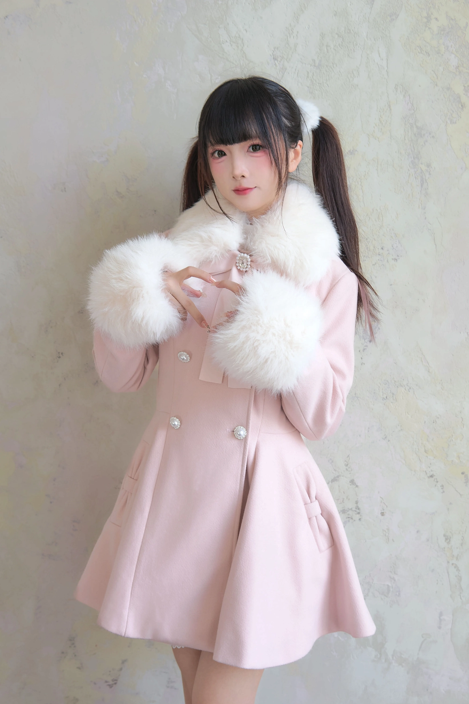 Jirai Kei winter coat fabric close-up detail showing premium tweed material texture and construction quality craftsmanship