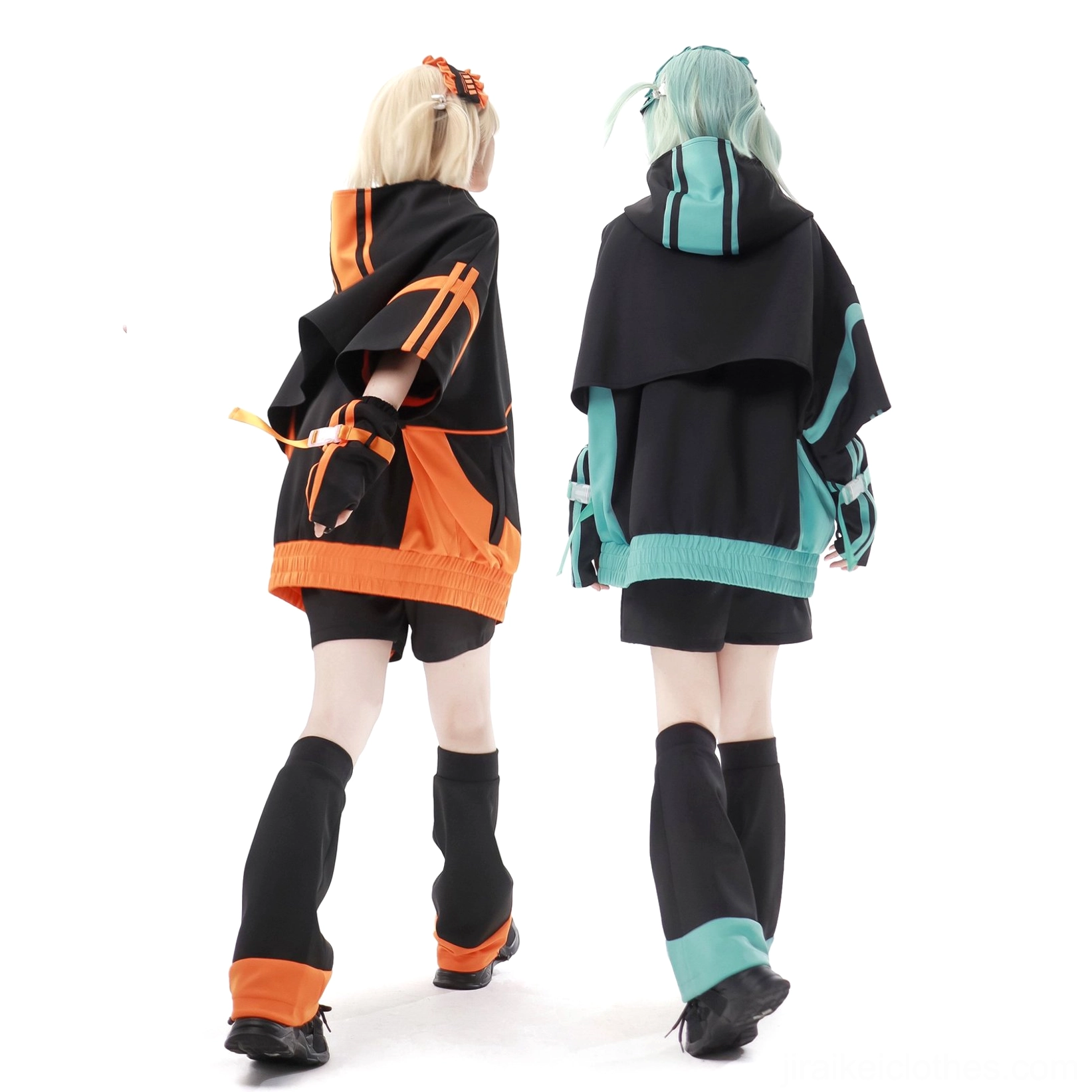 Wrist cuff and arm sleeve adjustable buckle strap detail of black-teal Jirai Kei jacket showcasing industrial cyberpunk aesthetic