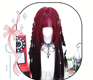 Jirai Kei Y2K fashion styling inspiration featuring red and black gradient wig with retro decor ensemble, showing wig integration into complete alternative fashion look