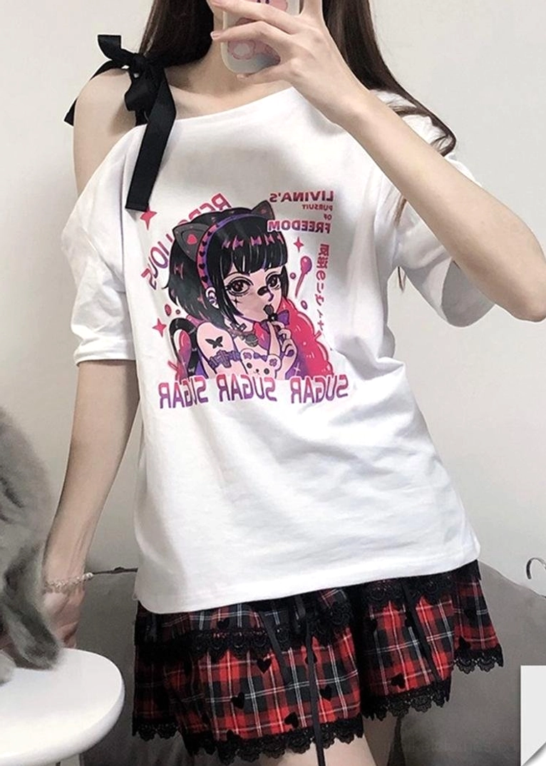 Back upper-body view of Y2K two-piece outfit showing white off-shoulder anime print tee with red-black plaid ruffle skirt hem visible below