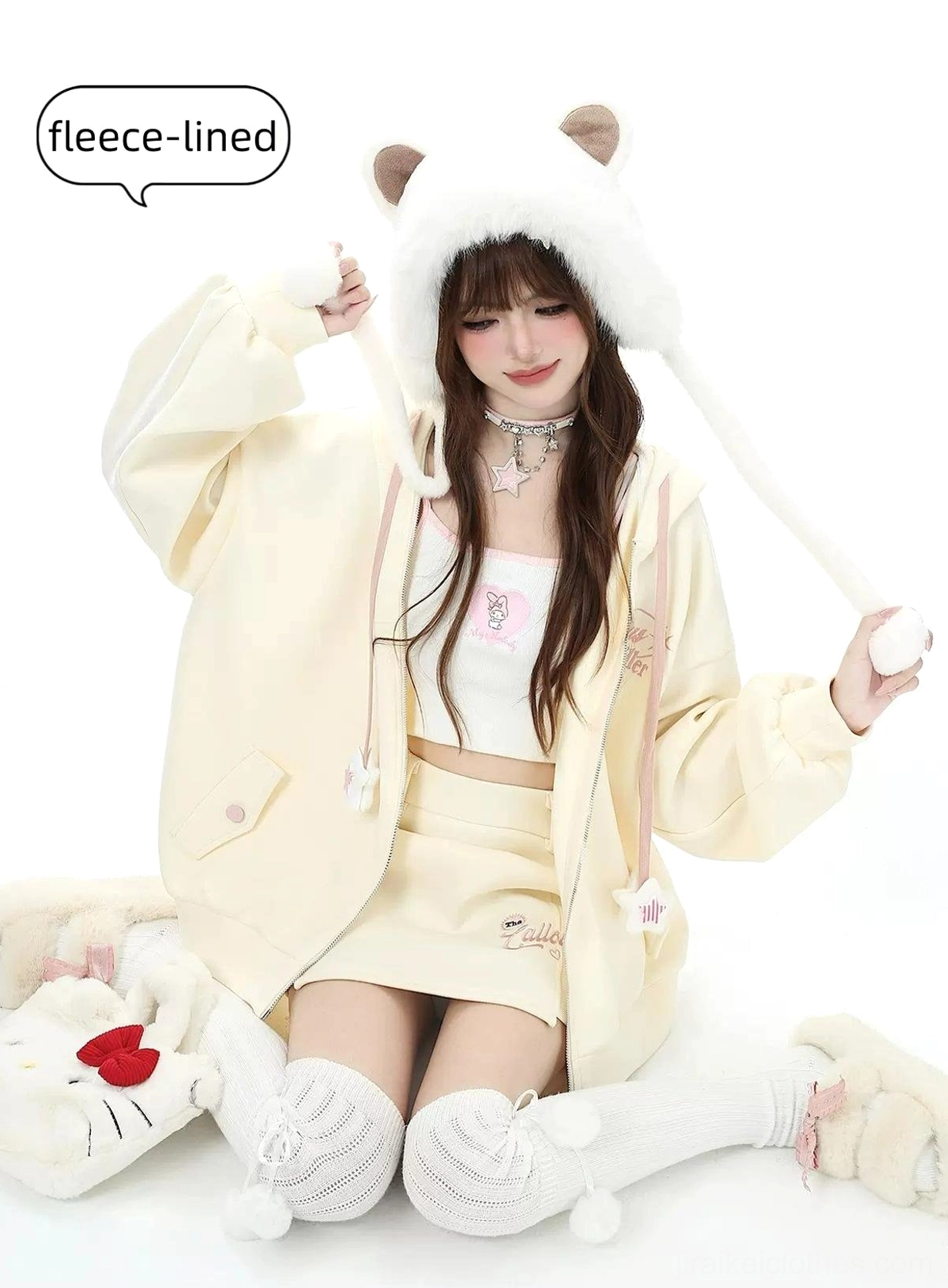 Yellow fleece-lined Jirai Kei hoodie jacket with star drawstring and kawaii aesthetic details, full-body model view