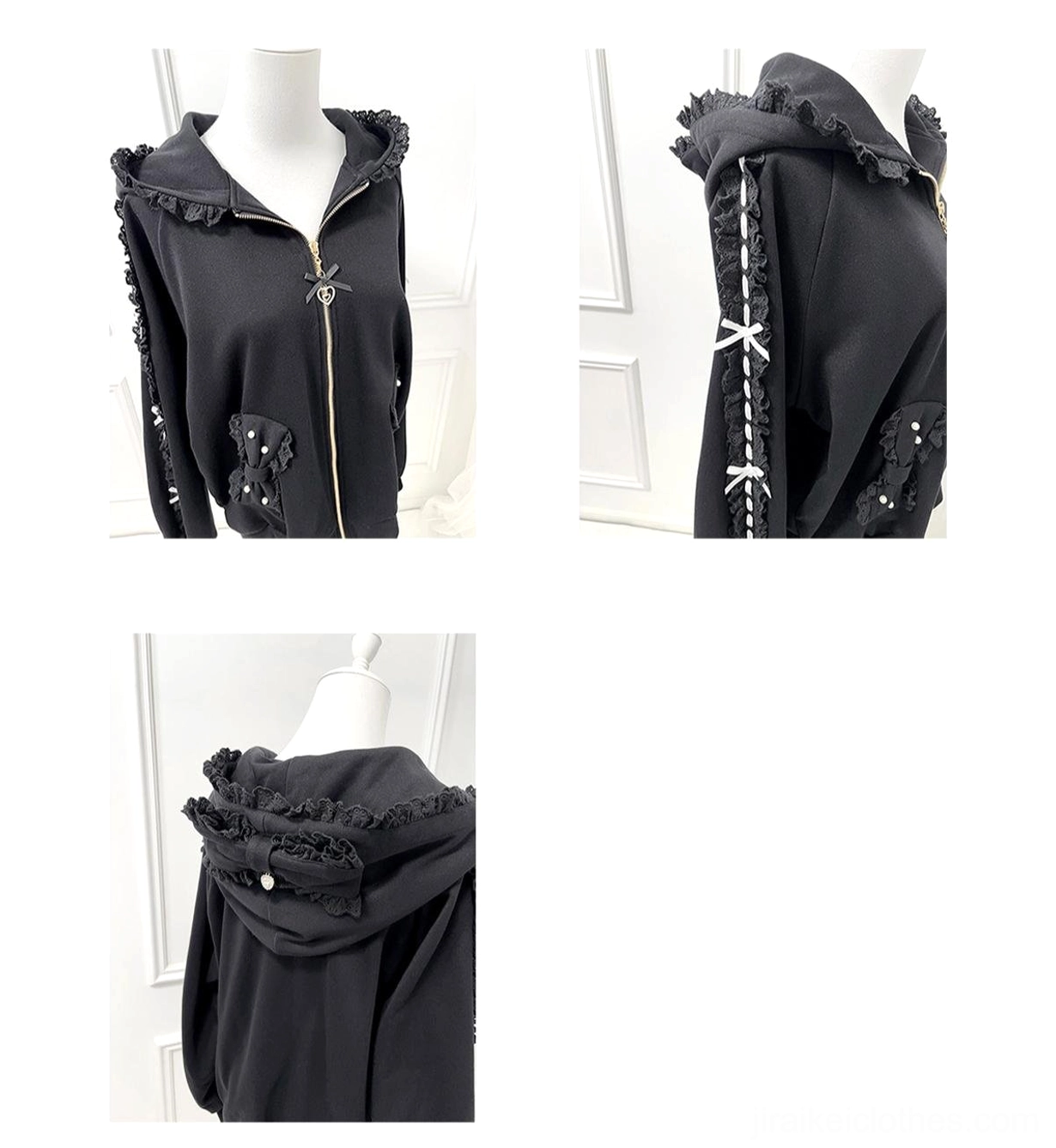 Jirai Kei zip-up hoodie size chart and measurements guide showing flat bust, sleeve length, hood length specifications in both centimeters and inches