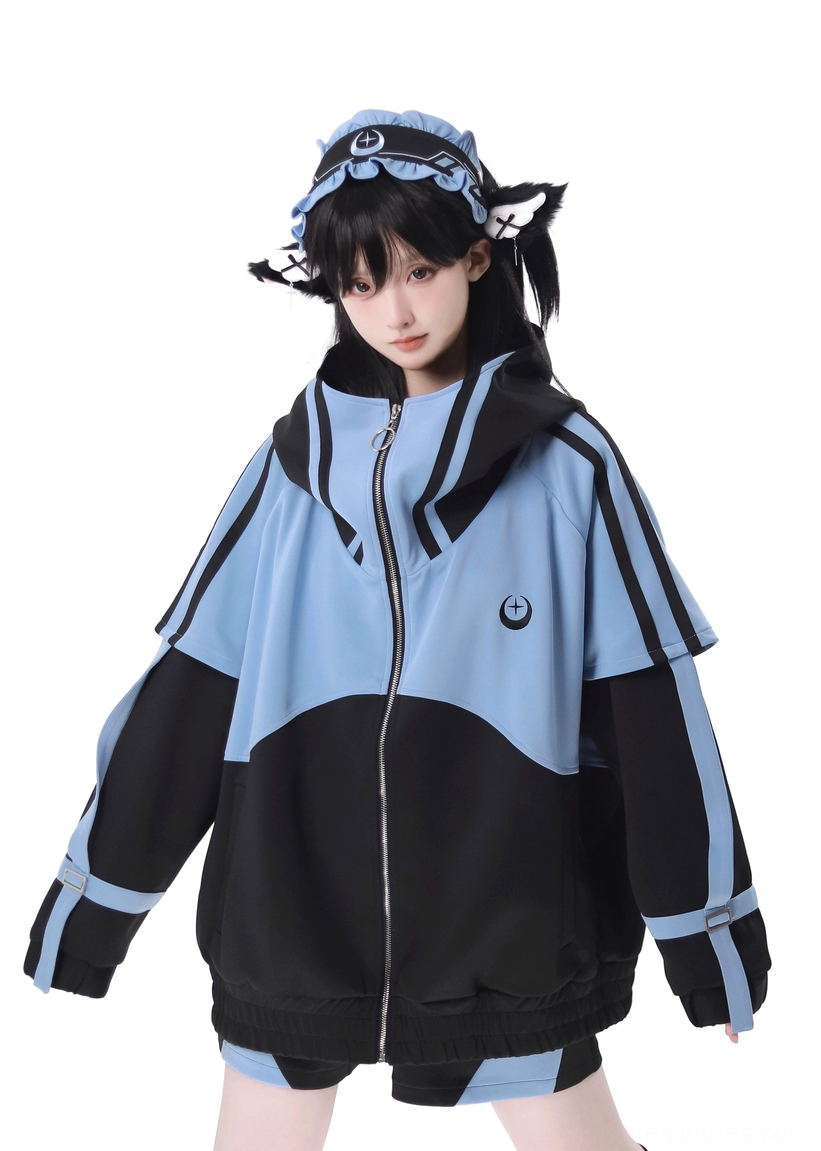 Jirai Kei zip-up jacket only oversized high collar moon star print chest logo color block design