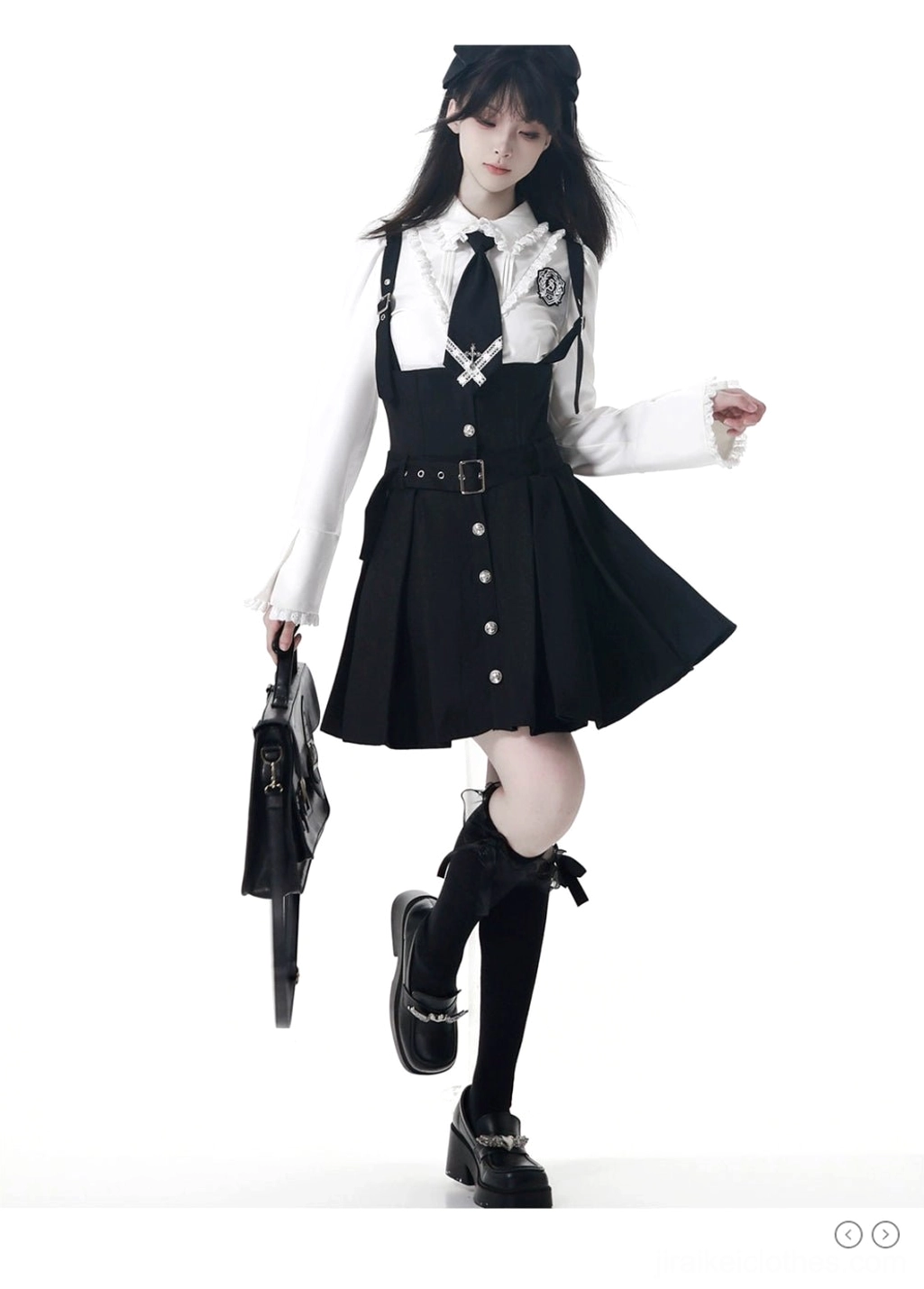 Jirai Kei JK blouse and dress set side three-quarter view displaying fitted blouse ruffled cuffs, pleated skirt length, bow-decorated stockings, and complete silhouette on female model