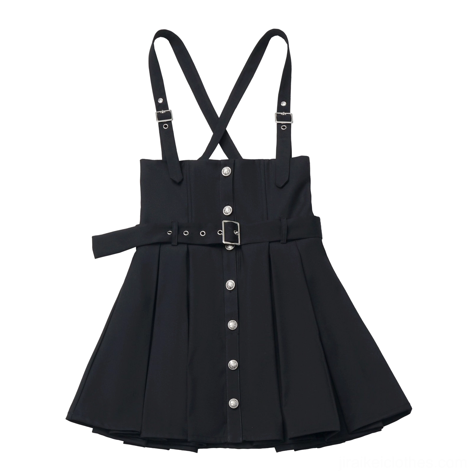 JK school uniform black suspender skirt flat lay detail showing fabric quality, pleat construction, waist measurements, and overall design on neutral background