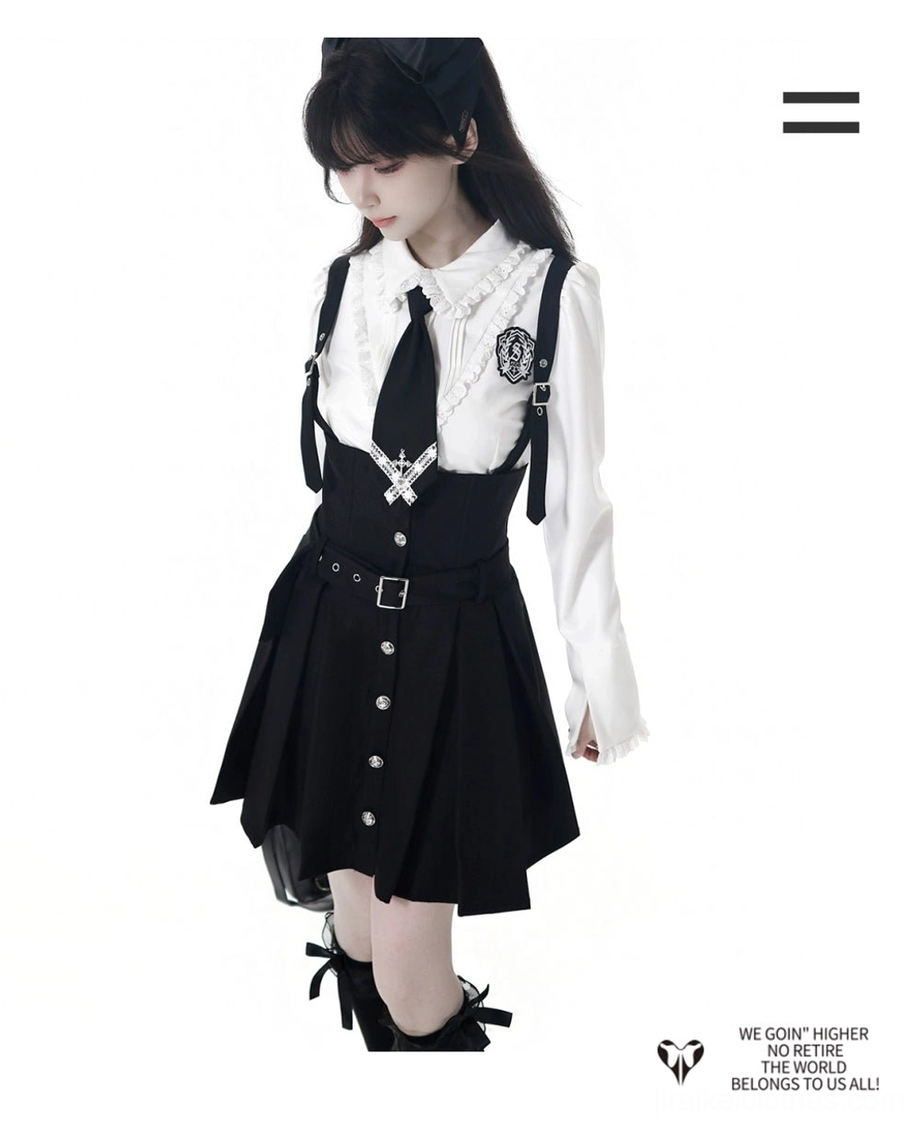 Dark academia JK school uniform pleated skirt detail showing suspender straps, silver button decorations, side zipper, adjustable waist belt, and back shirring construction