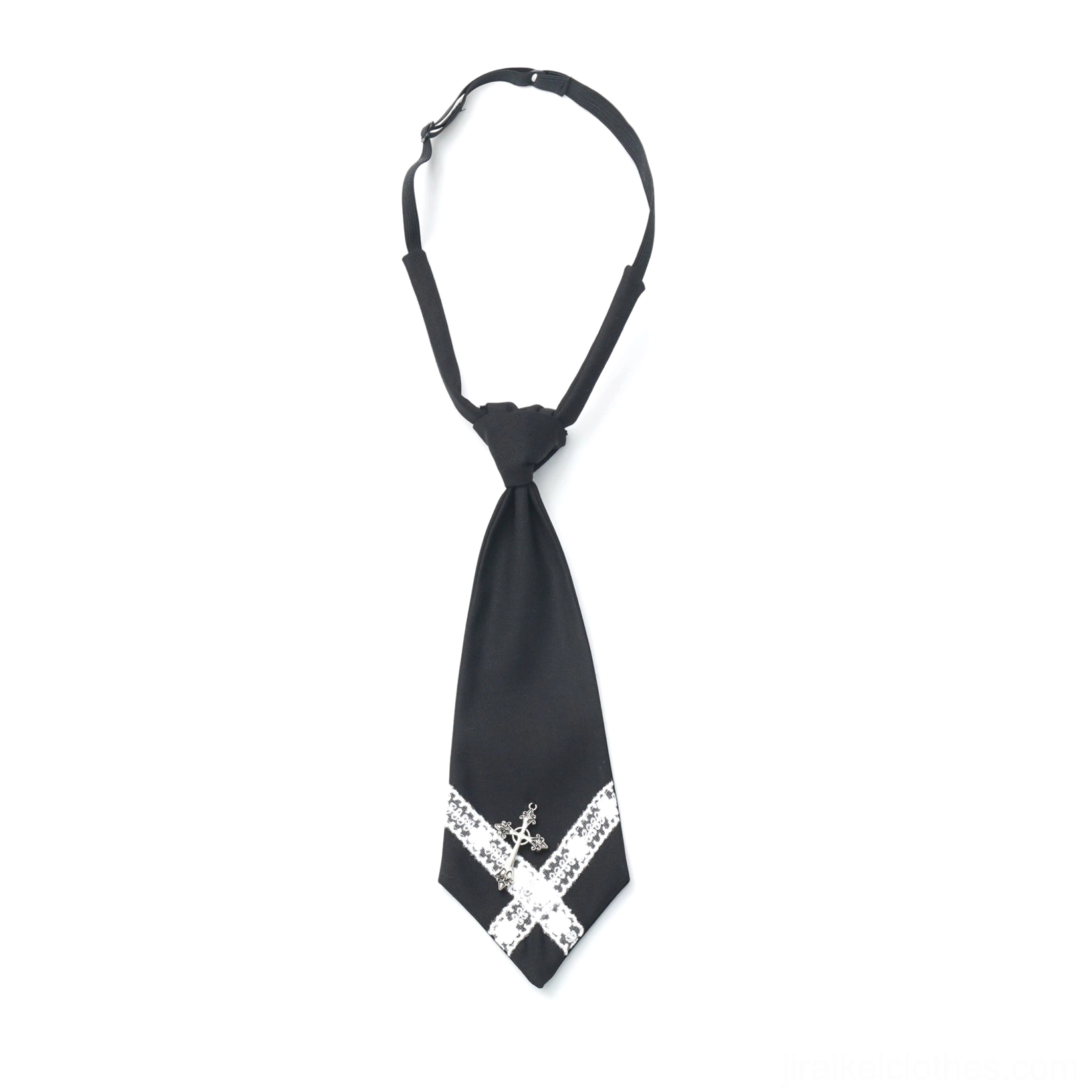 Dark academia JK uniform black cross-adorned tie detail showing traditional knot style, fabric drape, and styling versatility with school uniform ensemble