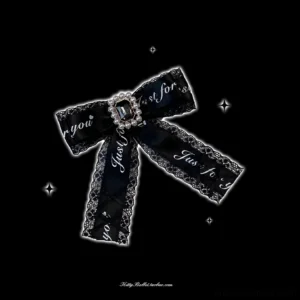 just for you black ribbon bow brooch jirai kei lace trim gemstone center flat lay