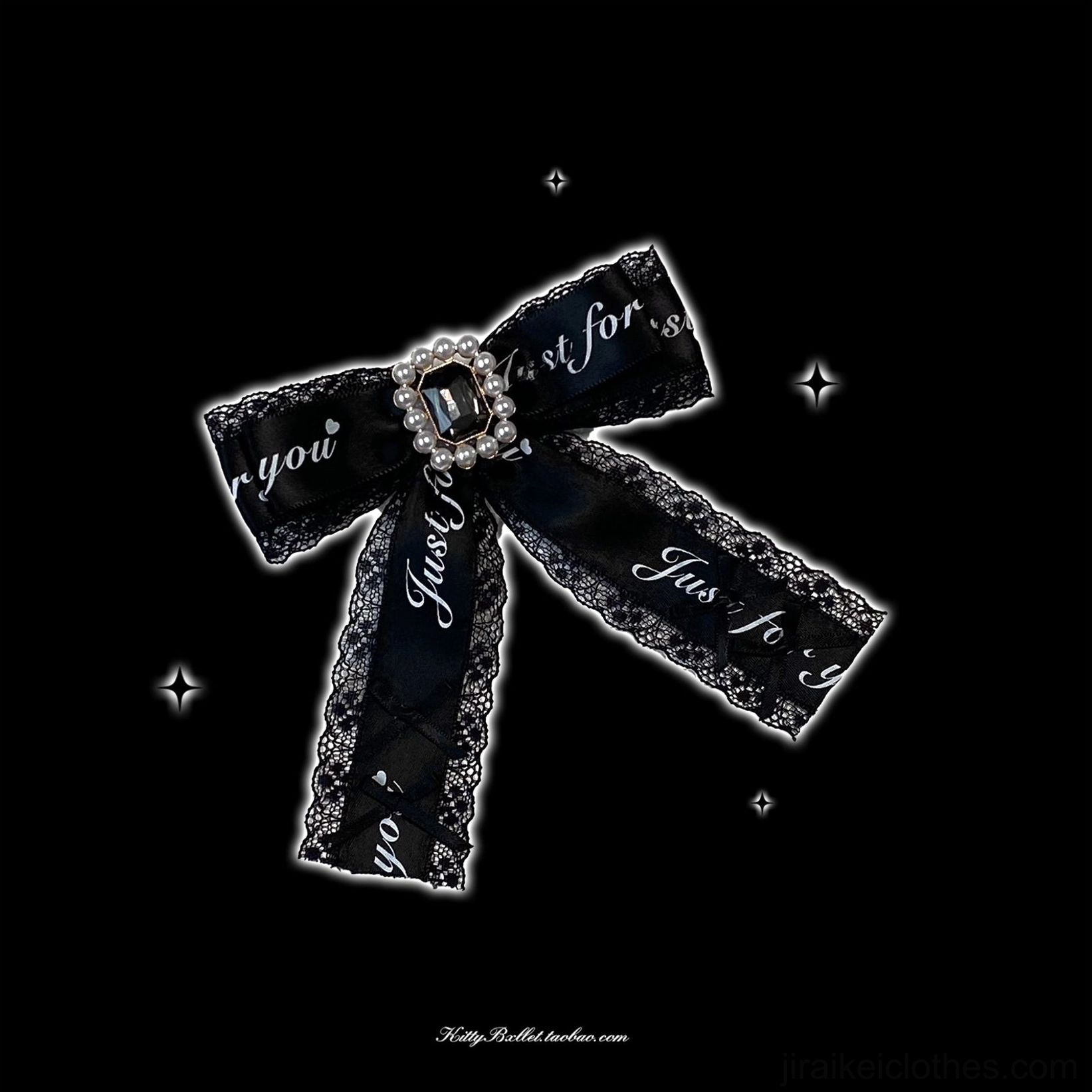 just for you black ribbon bow brooch jirai kei lace trim gemstone center flat lay