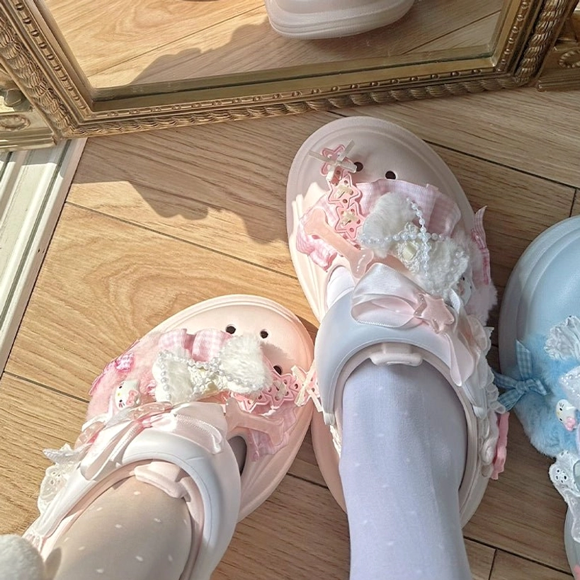 Kawaii Jirai Kei clog sandals in various pastel colors including pink, beige, blue, and cream with coordinated styling and cute charm details