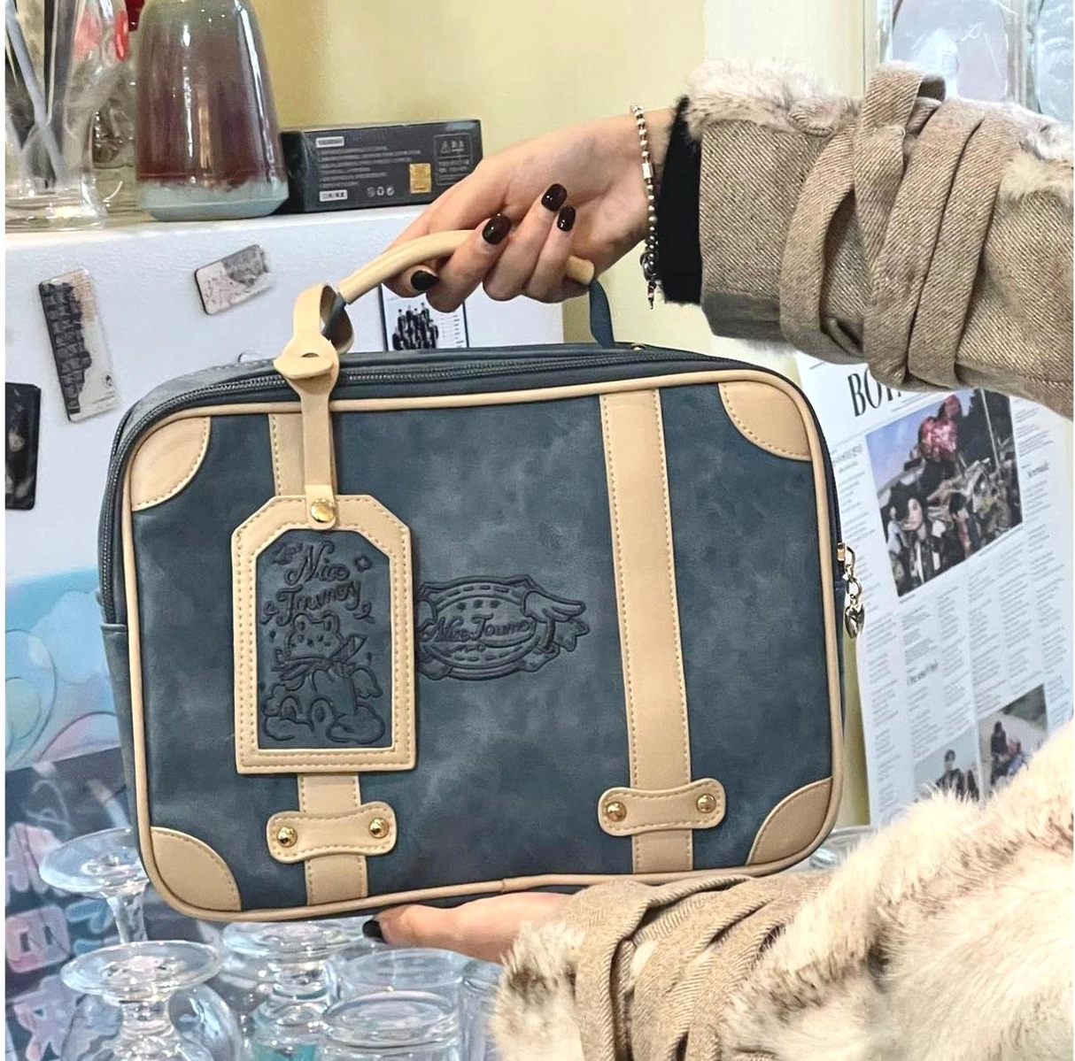 Khaki brown jirai kei vintage square itabag warm earth tone color variant transparent display warm brown leather trim aesthetic