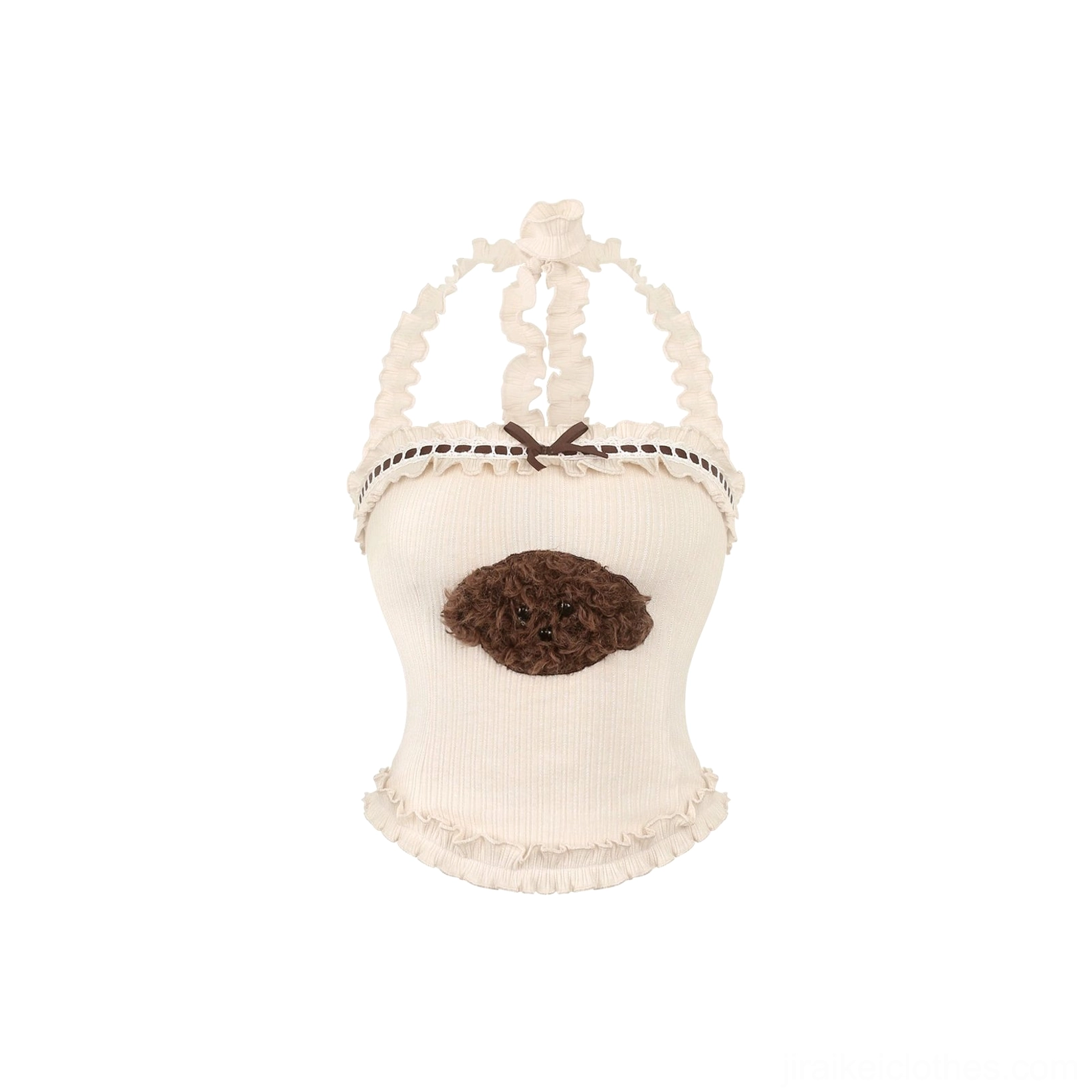 Cream white lace halter camisole flat lay with ruffled neckline, knitted brown bear head plush decoration at chest, and delicate embroidery for cute layering pieces