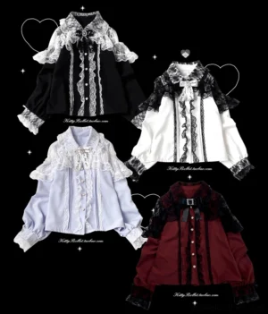 Flat lay product showcase of multiple color variants of lace Jirai Kei blouses including black, white, red and black, and water blue options with ruffled lace collar and front button closure