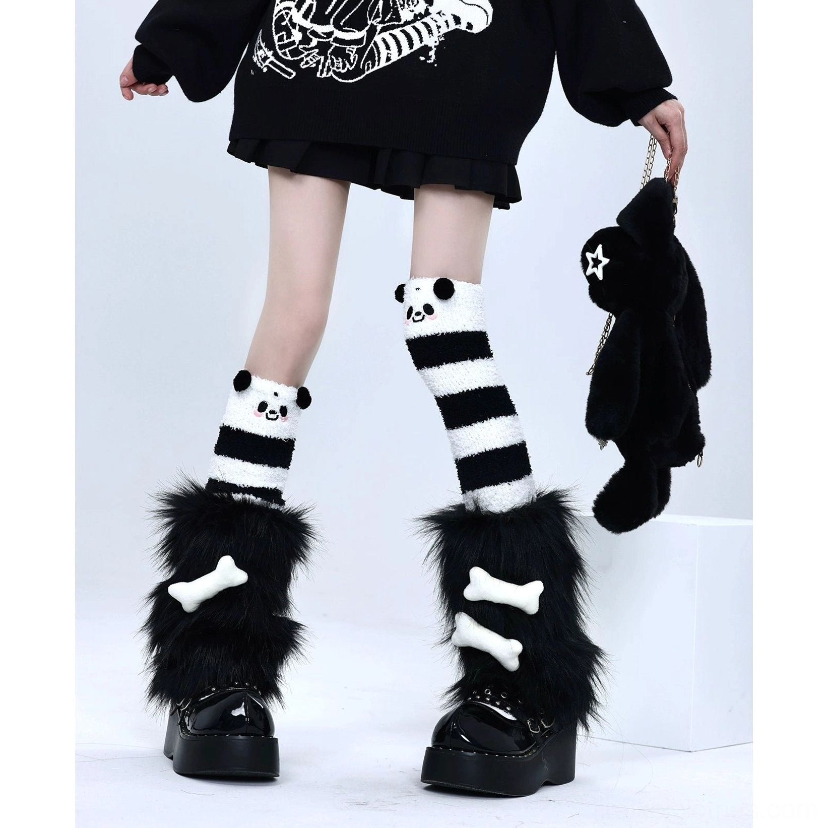 Lace-up XX print black thigh-high socks black plush leg warmers white bone accents punk rebellion leather skirt outfit Jirai Kei